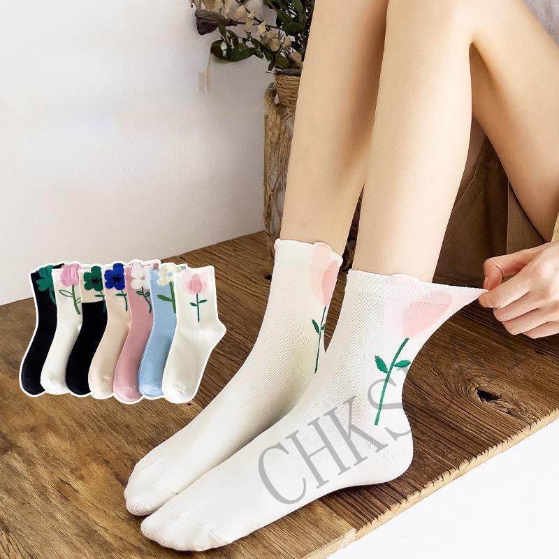 Vớ Cổ Cao In Họa Tiết Hoa Tulip Phong Cách Nhật Bản Thời Trang Xuân Hè Xinh Xắn Cho Nữ