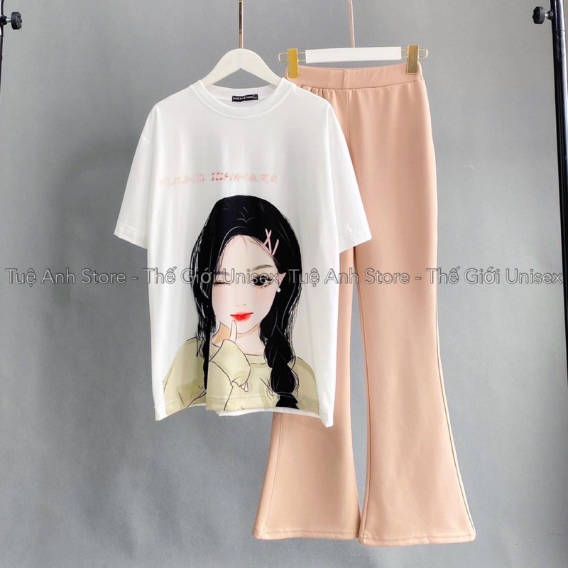 [MẪU MỚI] Set Bộ Quần Dài Ống Loe Cao Cấp -Set Dài Nữ Quần From Legging Phối Áo Thun 3D Phong Cách Hàn Quốc Hack Dáng