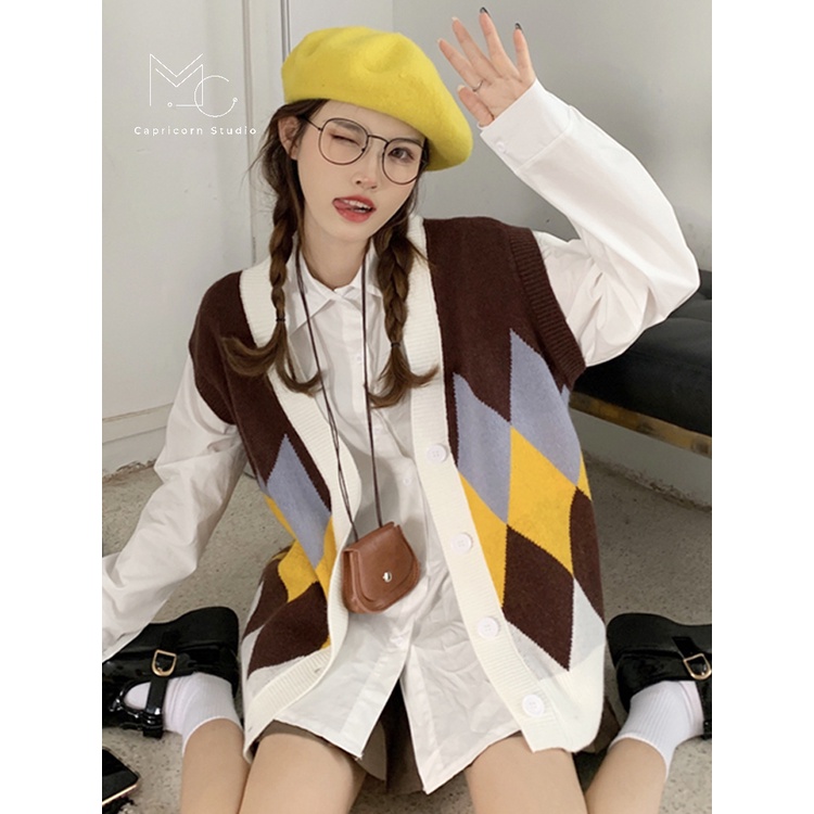 Áo gile dệt kim có cúc hình quả trám phong cách Ulzzang Hàn Quốc [MinC.Studio - MCAGL007]