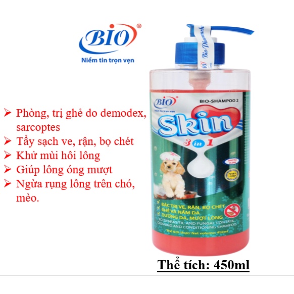 BIO SKIN 450ml. Sữa tắm cao cấp chó nhiễm ngoại ký sinh trùng- nấm- viêm da- dưỡng lông siêu mượt