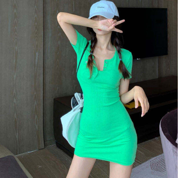 Thời trang nữ Đầm body ngắn tay đan dây đan đầm đa năng thông thường