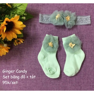 Set băng đô ren hoa + tất hoa màu xanh mint 
