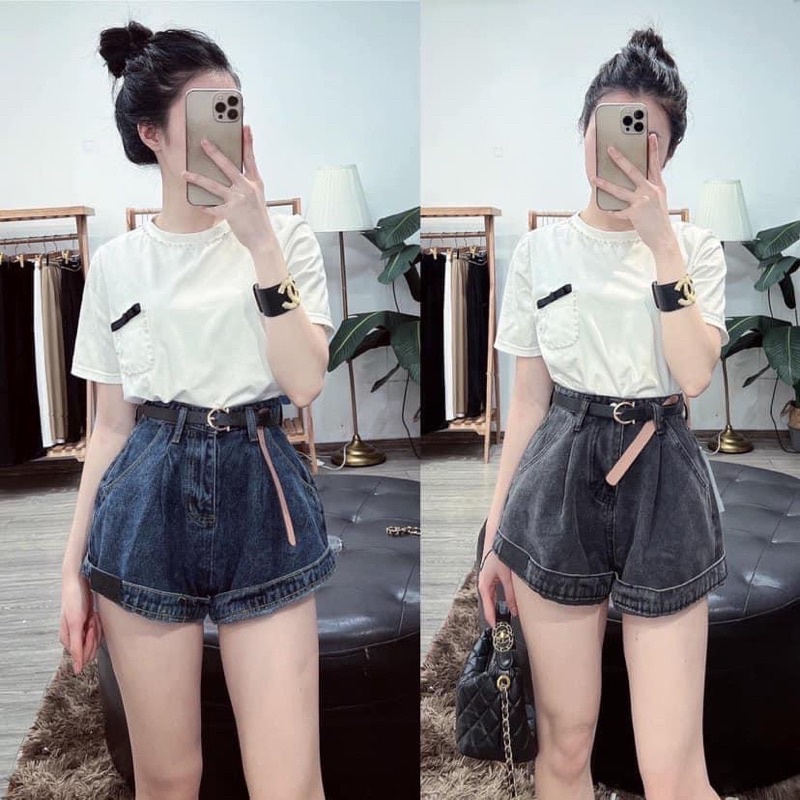 QUẦN SHORT BÒ KÈM ĐAI GẤP GẤU ỐNG RỘNG CẠP CAO QUẢNG CHÂU MS25661