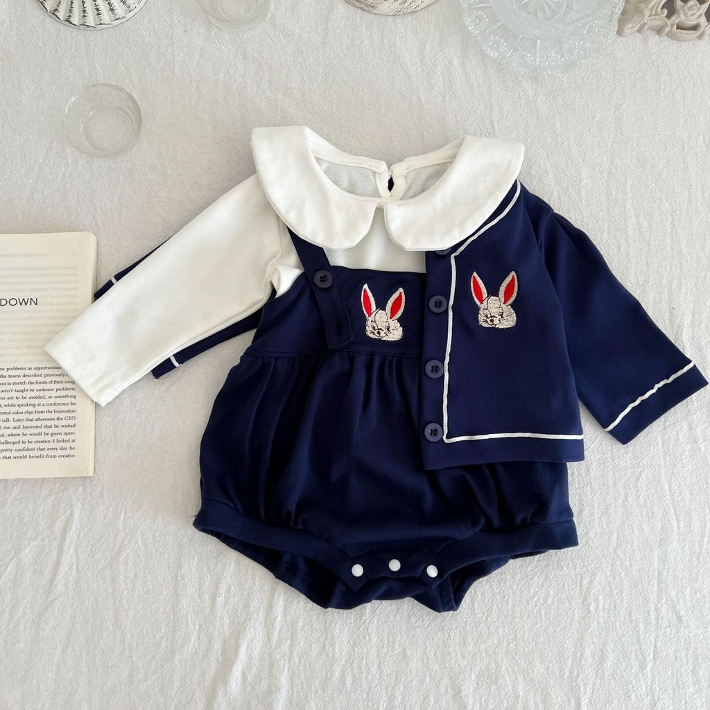 Áo Liền Quần Mùa Thu In Họa Tiết Thỏ Dễ Thương Phong Cách Hàn Quốc Cho Bé Gái