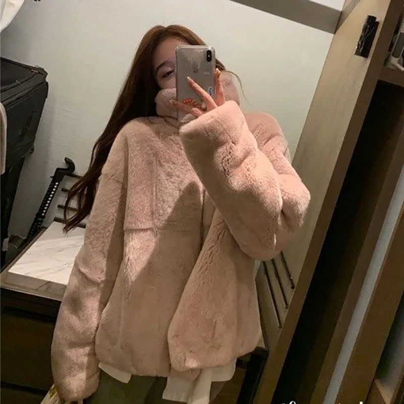 Áo khoác lông thỏ trần bông màu HỒNG PASTEL bản mới 2023 cổ rộng cực kỳ dày dặn cực kỳ mềm mịn