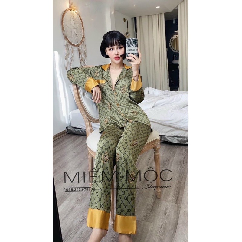 bộ pijama lụa qccc gucci xanh vàng | BigBuy360 - bigbuy360.vn