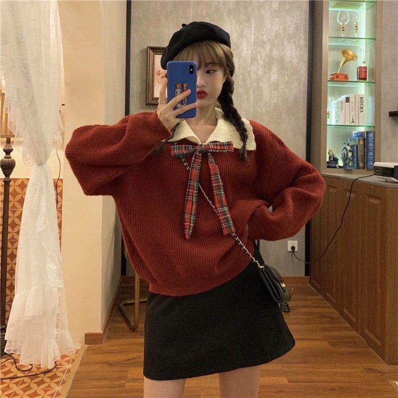 Áo len cổ trắng thắt nơ ulzzang Hàn Quốc [Yannie]