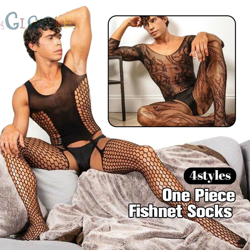 【GIGGLE】Men Sexy Lace Fishnet Bodysuit See-Through Bodystocking Gay Mesh Club Nightwear