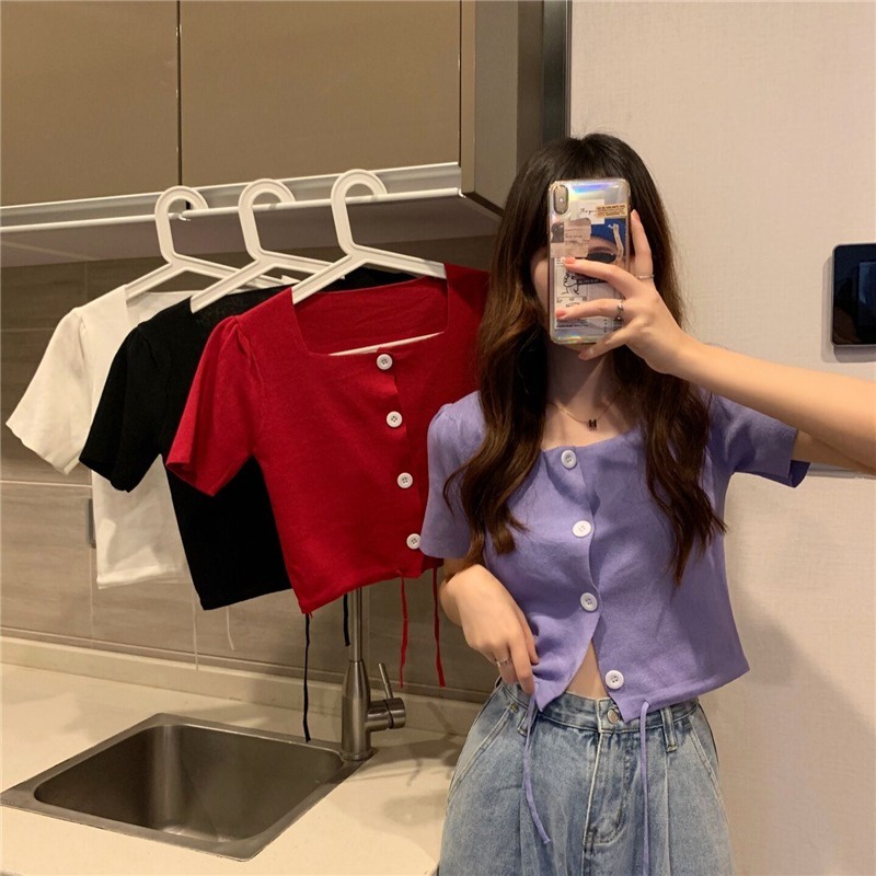 Áo Dệt Kim Tay Ngắn Cổ Vuông Phối Dây Rút Thời Trang Trẻ Trung