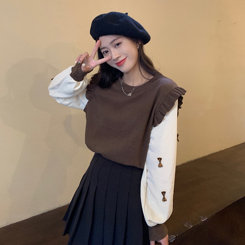 Porozi  Áo sweater dệt kim cổ tròn tay phồng dài phong cách Hàn Quốc xinh xắn cho nữ