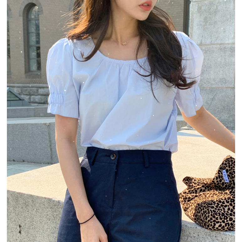 SUXI Áo Sơ Mi Nữ Tay Ngắn Màu Trơn Phong Cách Hàn Quốc