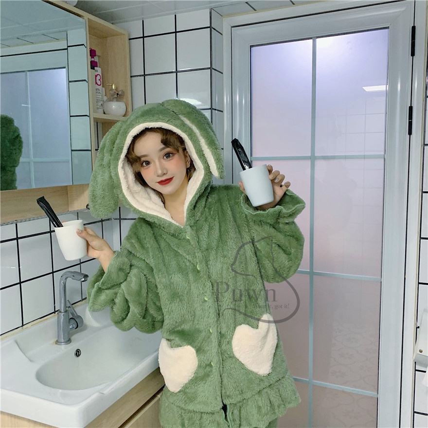 Bộ đồ thỏ mùa đông ấm áp xanh - hồng Puwn Shop