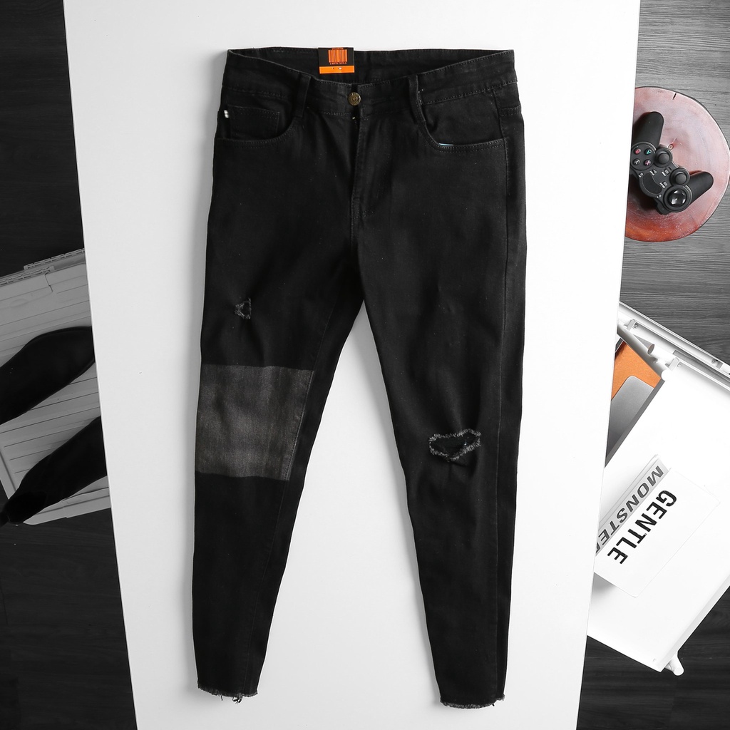 Quần jean nam dài, quần bò nam màu đen rách gối xám chất co dãn thoải mái hàng y hình