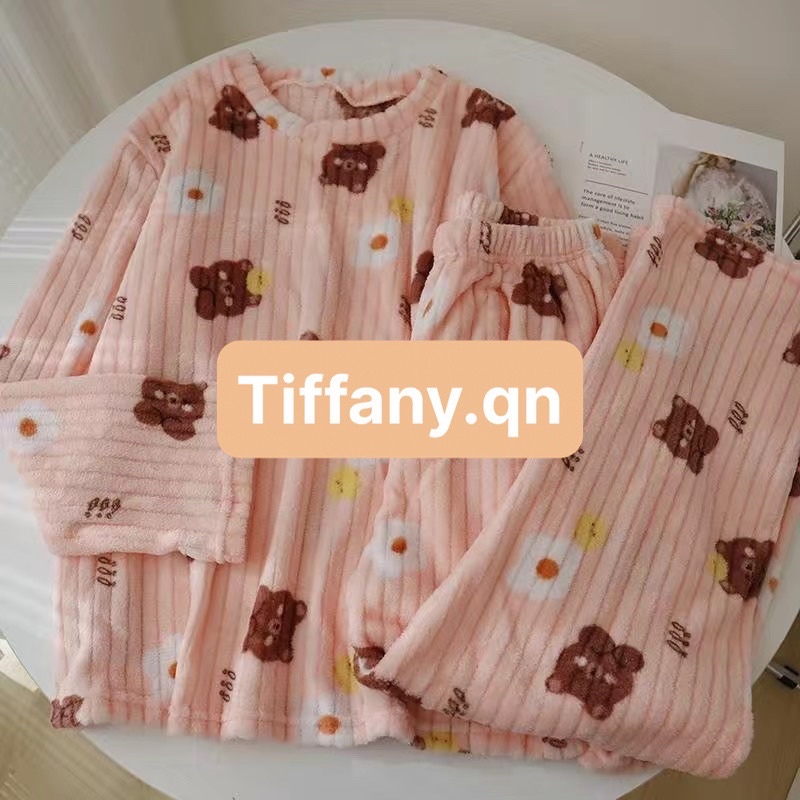 Bộ ngủ mặc nhà mùa thu và mùa đông dài tay cổ tròn đào gấu dễ thương ấm áp quần áo mặc nhà