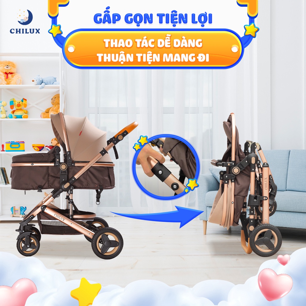 Xe đẩy nôi cho em bé gấp gọn, 2 chiều CHILUX V1.6 đủ màu nâu - xanh navy - đỏ - hồng - xám (xe đẩy 2 chiều 3 tư thế)