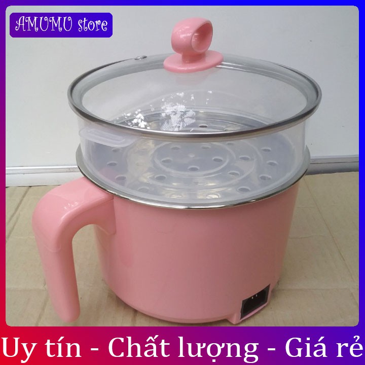 Nồi lẩu điện ca mì mini tiện dụng 18cm 2 lớp tặng kèm giá hấp tay cụp