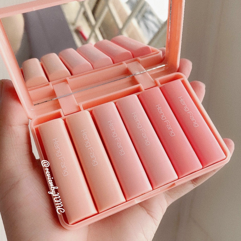 Set 6 Cây Son Thỏi Heng Fang Bear Hình Gấu Kèm Gương Lên Tông Màu Cực Xinh