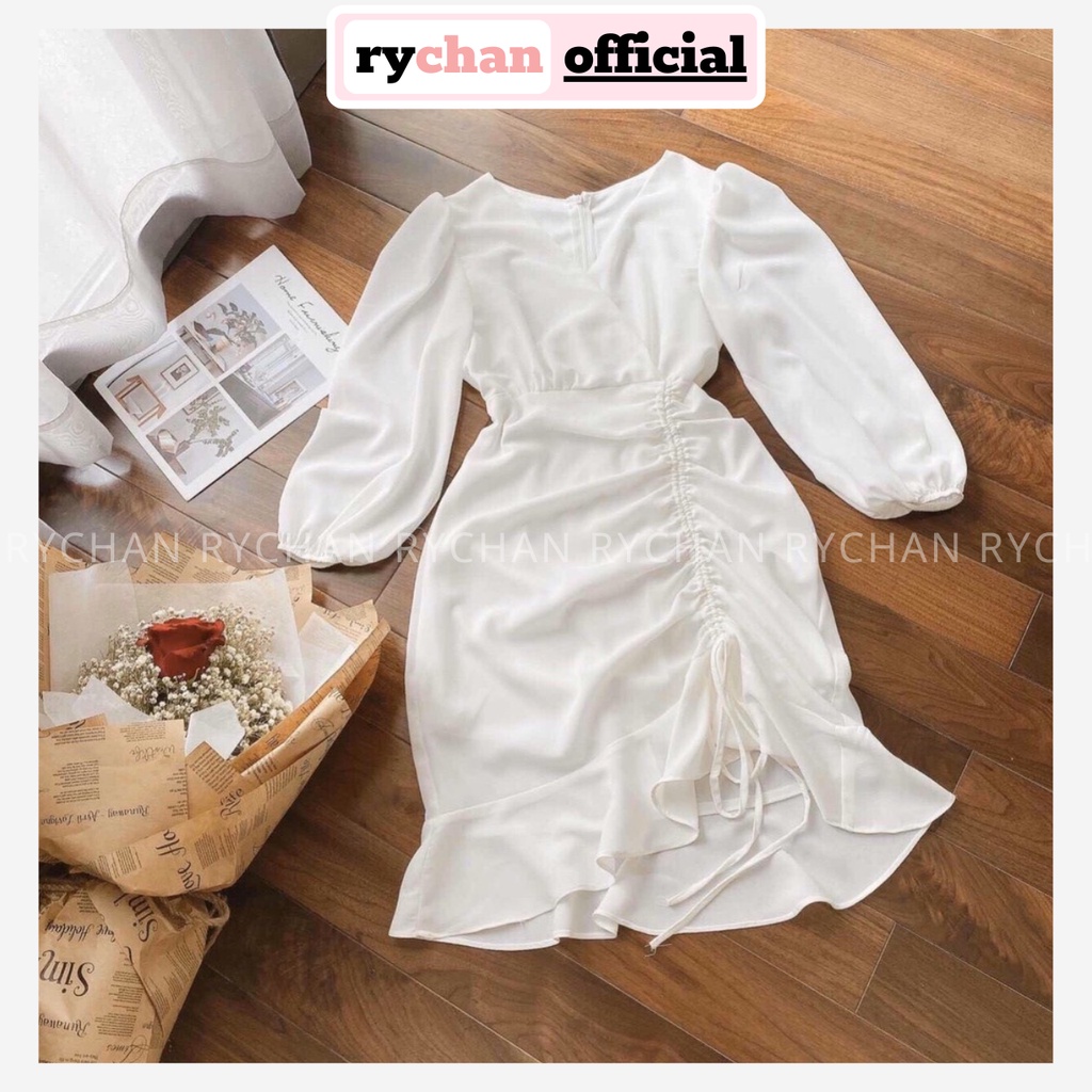 Đầm Xòe Đắp Chéo Rút Sườn 2 Màu Trắng Đỏ - DX9979