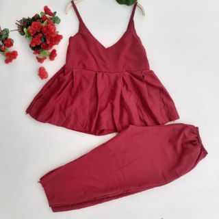 Bộ voan lụa quần lửng trơn màu