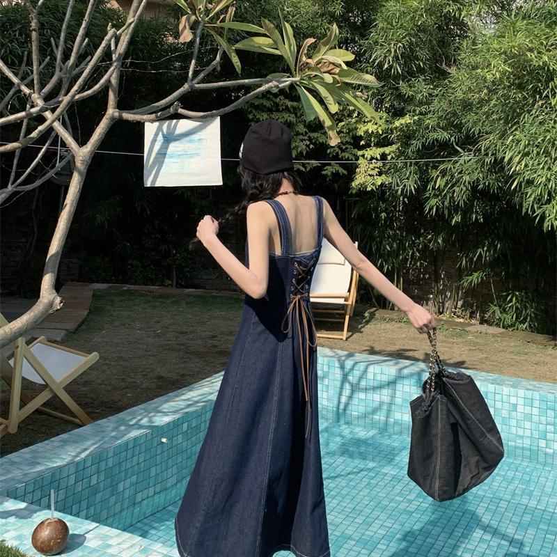 Đầm Denim Hai Dây Dáng Chữ A Phong Cách Mới Thời Trang Mùa Hè Cho Nữ