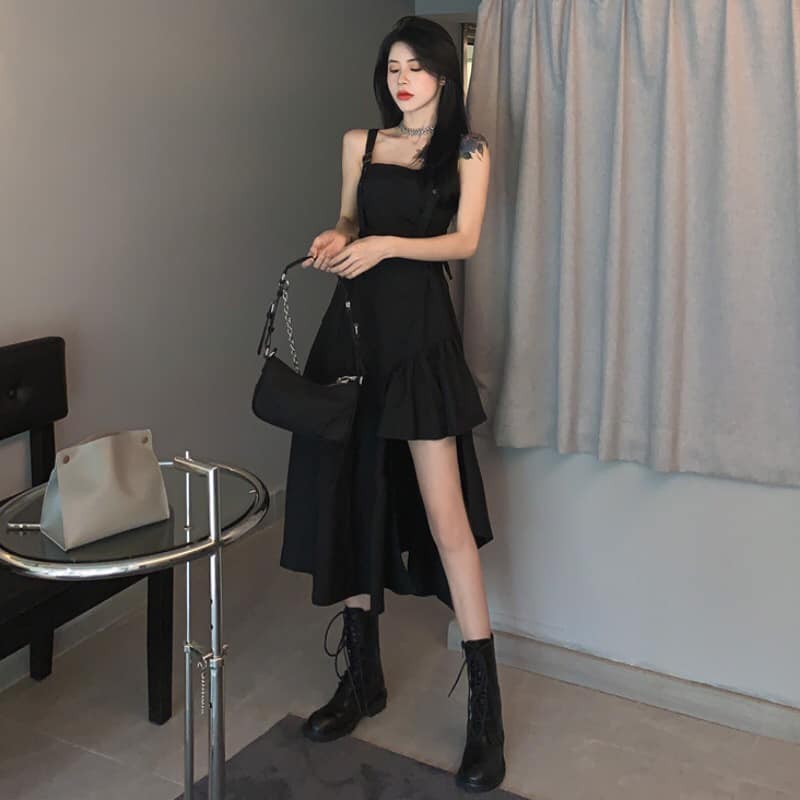 V017 Đầm hai dây dạ tiệc thắt eo vạt đùi dáng dài tiểu thư, Váy hai dây ôm body đen vạt chéo Ulzzang cá tính cute | BigBuy360 - bigbuy360.vn