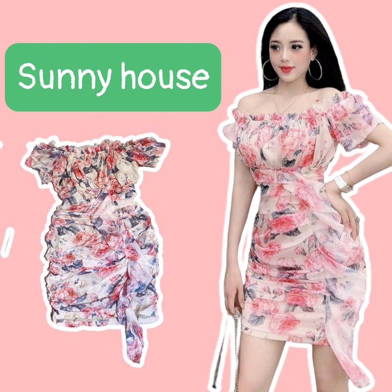 Đầm Ôm Body Đính Bèo Eo. Váy Voan Hoa Vạt Bèo trẻ trung sang trọng