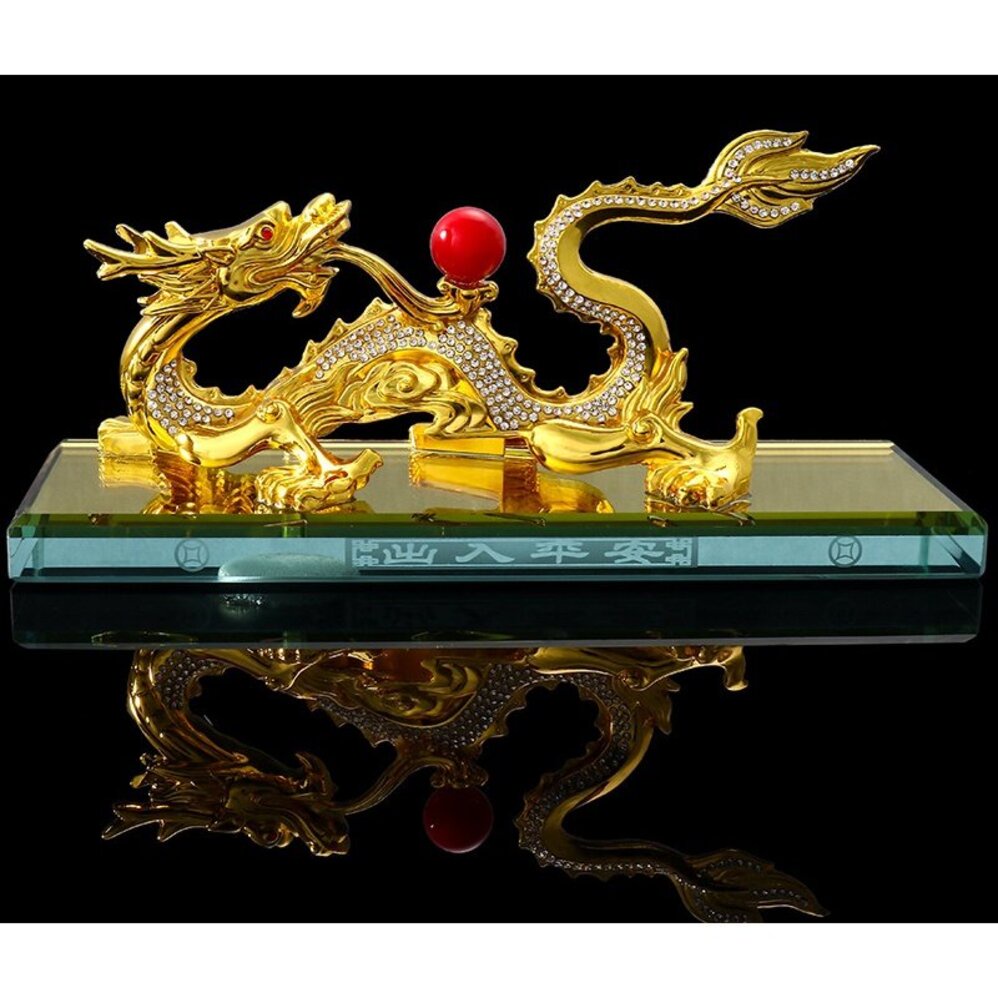 Tượng rồng vàng nhả ngọc phong thủy trang trí taplo ô tô, bàn làm việc, phòng khách cao cấp sang trọng