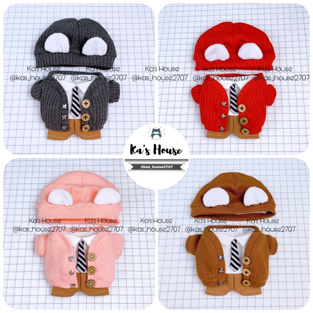 {15cm-20cm} CÓ SẴN - Áo len cadigan, mũ tai thú kèm quần áo cà vạt, outfit doll, outfit cho doll