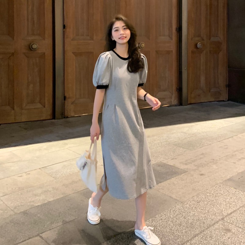 Đầm thun tay bồng dáng dài basic Hàn Quốc