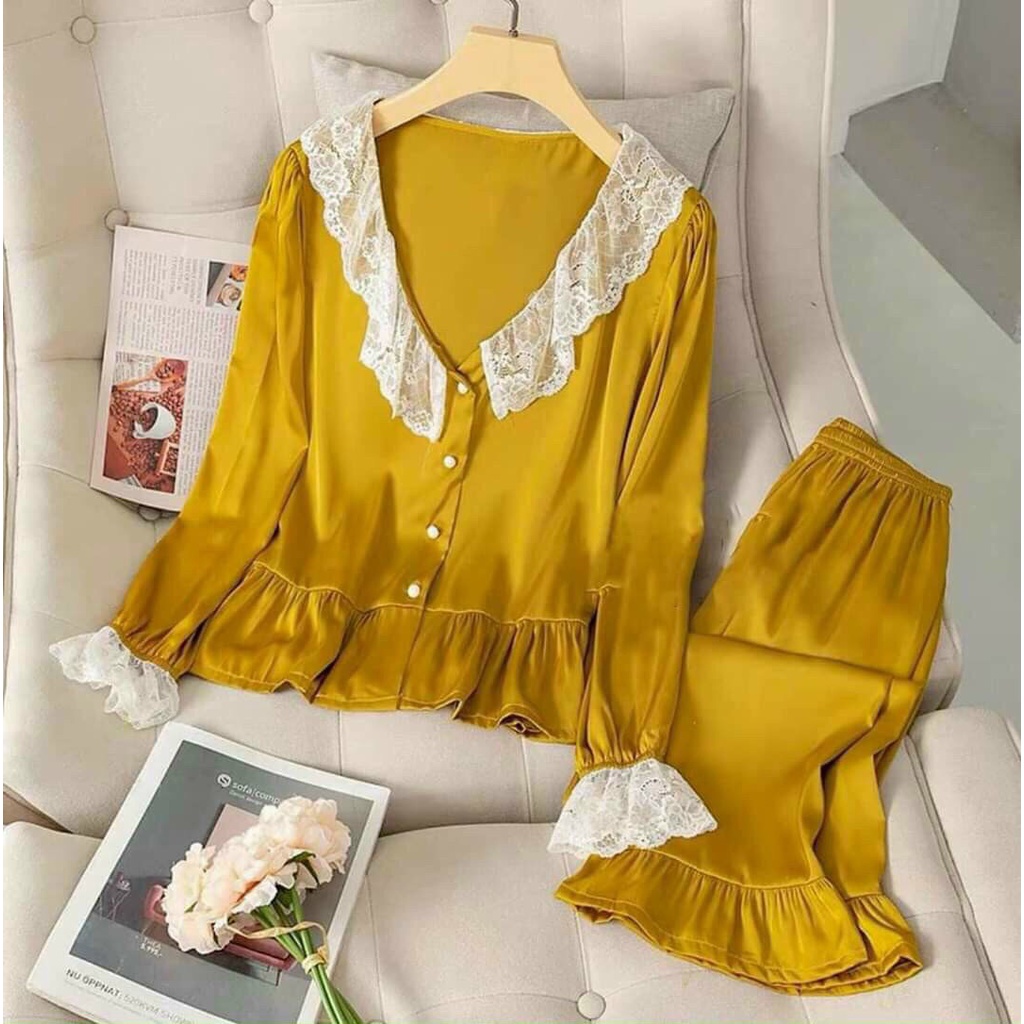 Set ngủ lụa dài tay , pijama tiểu thư cổ ren viền bèo cao cấp