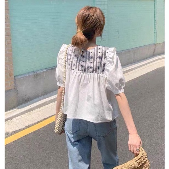 Áo babydoll tiểu thư thêu hoạ tiết kaca NH000101 hihishophaha