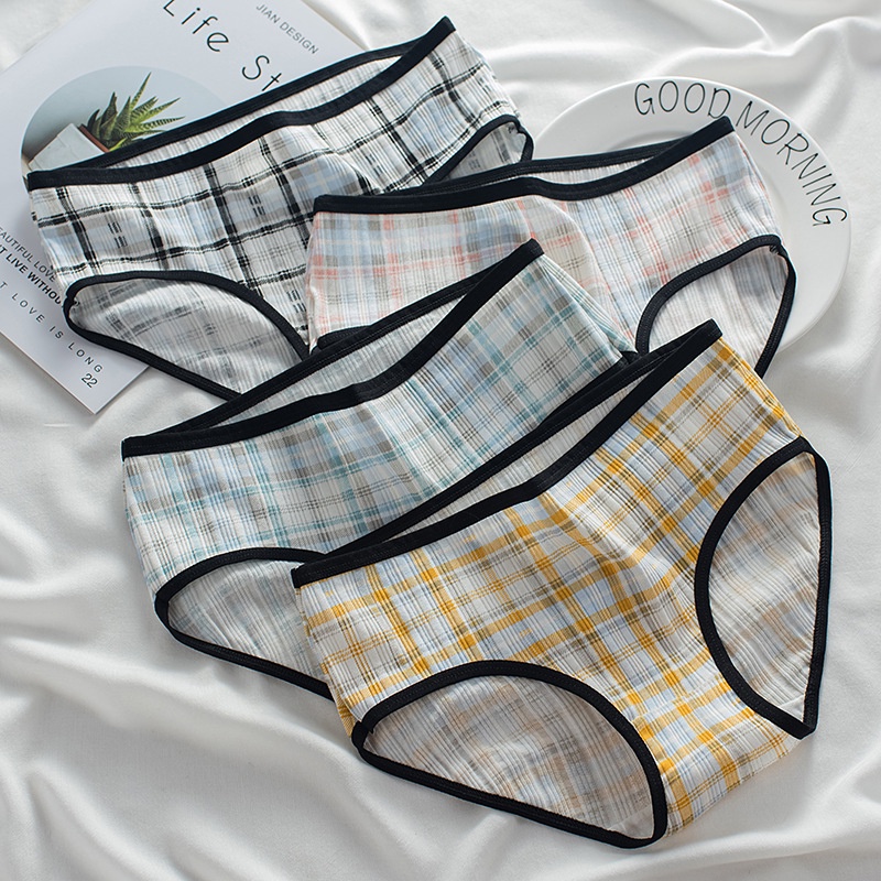 Quần Lót Cotton Lưng Vừa Họa Tiết Sọc Caro Màu Xanh Dương Phong Cách Nhật Bản Dễ Thương Cho Nữ