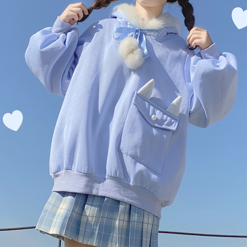 Áo khoác RABBIT lót bông mũ tai thỏ phong cách nữ sinh siêu cute