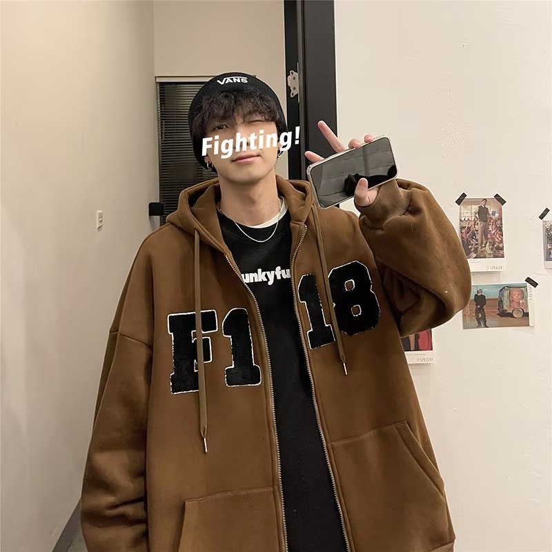 Áo khoác dây kéo thêu chữ simple unisex áo hoodie có dây kéo phong cách hàn quốc áo khoác bomber retro áo hoodie form rộng