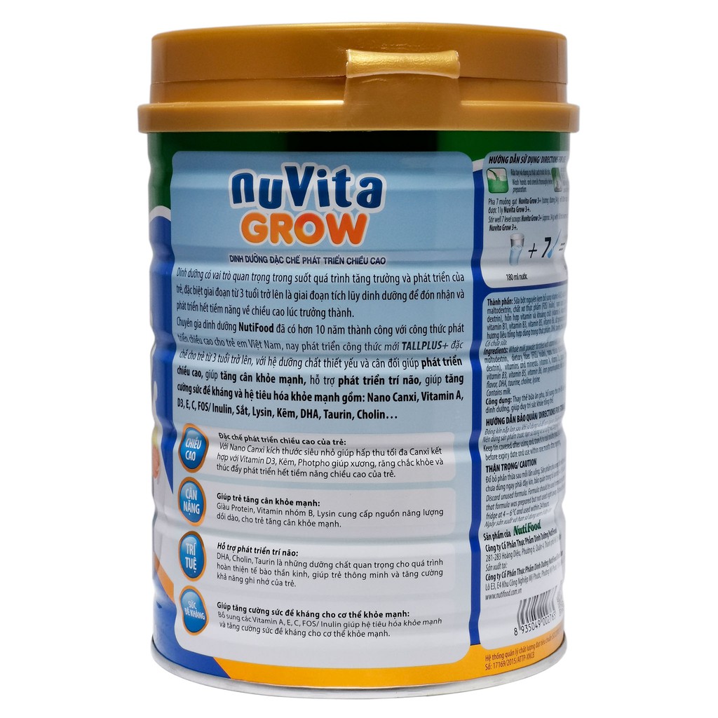 [CHÍNH HÃNG] Sữa Bột NutiFood Nuvita Grow 3+ Hộp 900g (Dinh dưỡng đặc chế phát triển chiều cao; Cho bé trên 3 tuổi)