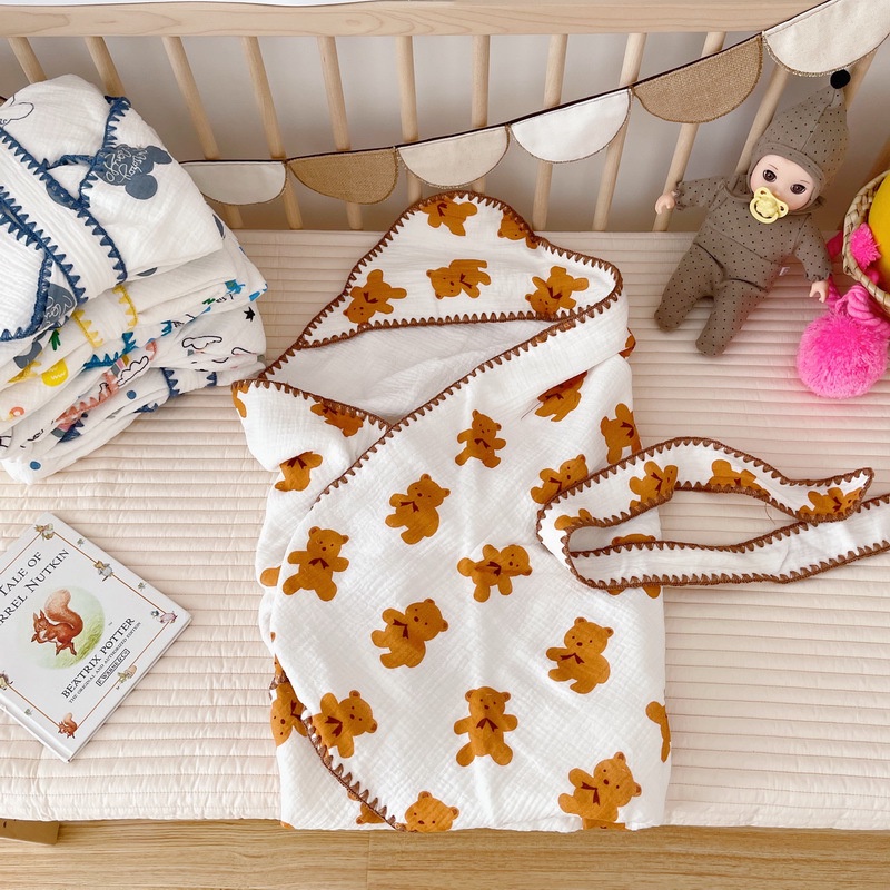 Khăn ủ choàng cotton organic, chăn ủ có mũ cho bé HolaKids Decor