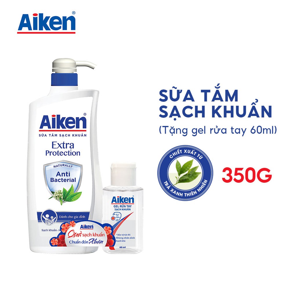 [Mã COSBDAG5 giảm 8% đơn 150k] Aiken Sữa tắm Sạch khuẩn Chiết Xuất Trà Xanh Thiên Nhiên 350g - Tặng Gel rửa tay 60ml