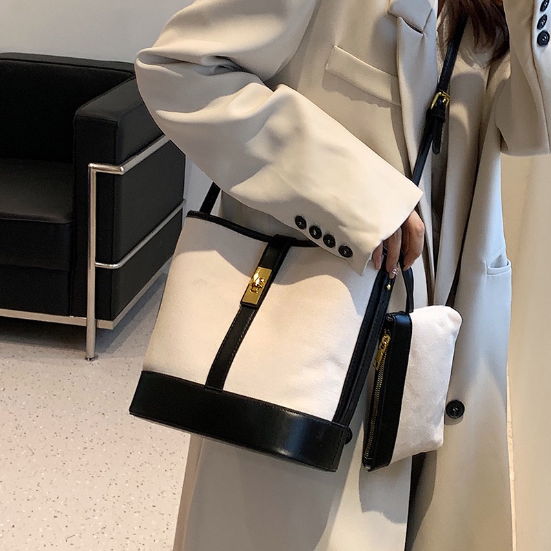 IELGY Women's Casual Colorblock Canvas Messenger Bucket Bag