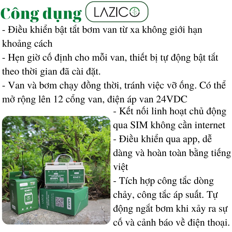 Bộ điều khiển từ xa tưới tự động qua điện thoại 1 máy bơm 4 van điện từ LAZICO EV04