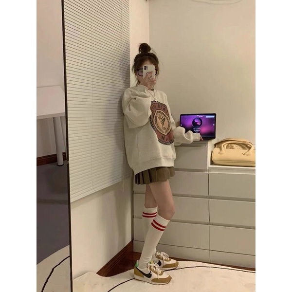 Áo Sweater Navy Tay Bồng  Nữ [FREESHIP]  Nỉ form rộng oversize màu ghi in hình cá tính Ulzzang