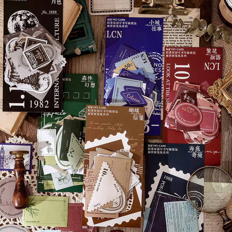 Set 40 giấy kraft ghi chú có keo dán thiết kế tem vintage trang trí thẻ LOMO đa dụng