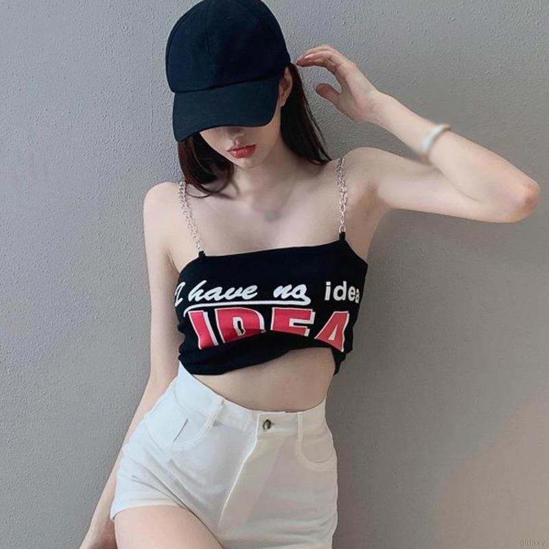 Áo croptop phối hai dây xích họa tiết chữ thời trang Hàn Quốc sành điệu