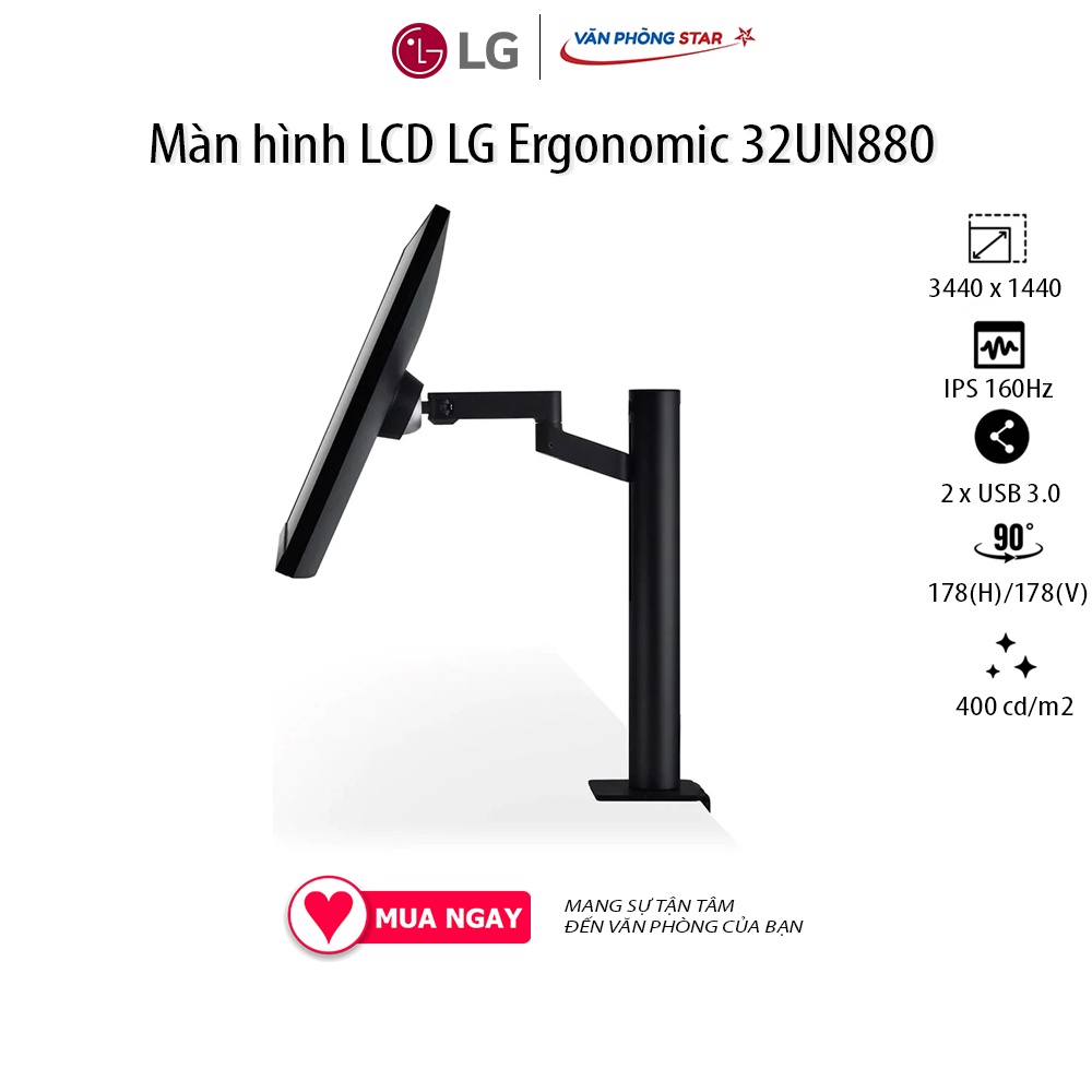 Màn hình LCD LG Ergonomic 32UN880 (3840 x 2160/IPS/60Hz/5 ms/FreeSync) Tỷ lệ 16:9 1 x DisplayPort 1.4, 2 x HDMI, 1 x USB