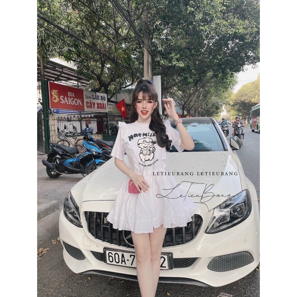 Đầm babydoll in hình baby chất thun cotton phối kate mềm mịn, dày dặn- giá sĩ- khosigiahuy
