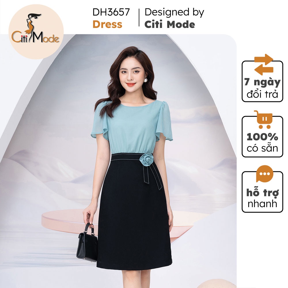 Đầm A xanh phối chân váy đen đính hoa eo DH3657