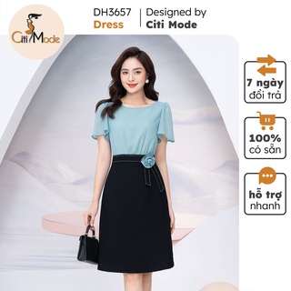Đầm A xanh phối chân váy đen đính hoa eo DH3657