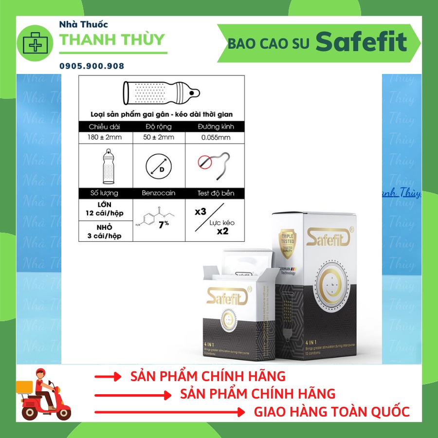 🅼🆄🅰 3 🆃🅰🅽🅶 1 Bao Cao Su Gân Gai Kéo Dài Thời Gian SafeFit 4in1 Hộp 3 Cái