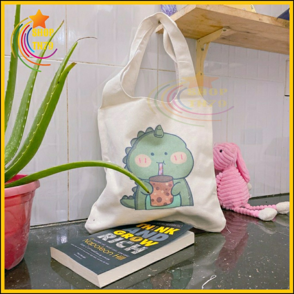 Túi đeo vai thời trang vải canvas mềm loại to đi hoc , đi chơi , đi làm đều rất đẹp - KHỦNG LONG UỐNG TRÀ SƯA
