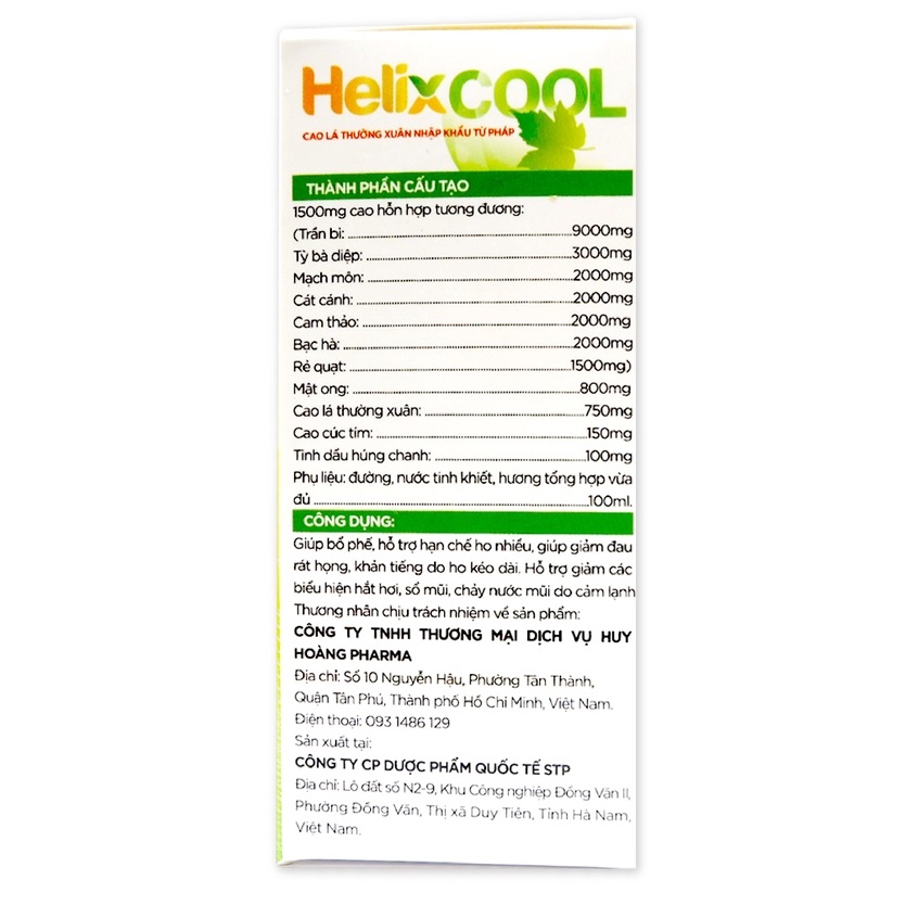 [Nguyên liệu nhập Pháp] Siro ống hỗ trợ giảm ho, sổ mũi Helix Cool (Hộp 20 ống x 10ml)