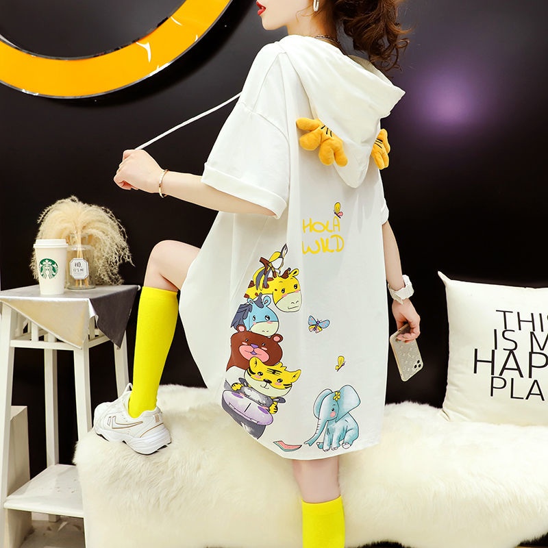 Áo Thun Tay Lỡ Dáng Rộng Có Nón In Họa Tiết Hoạt Hình Dễ Thương Phong Cách Hàn Quốc Thời Trang Mùa Hè Cho Nữ